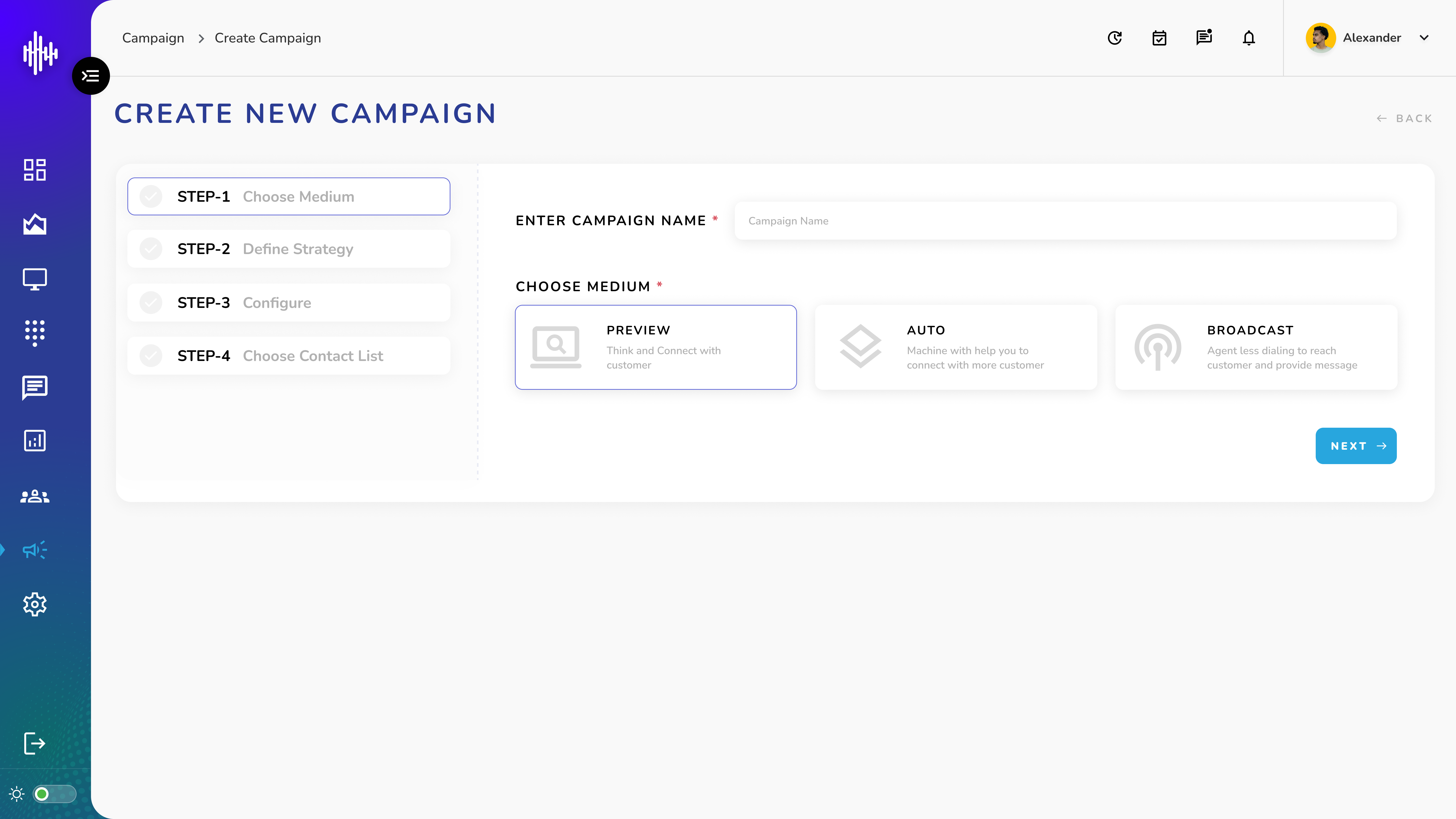 Campaign - Voice - Step 1: Choose Medium